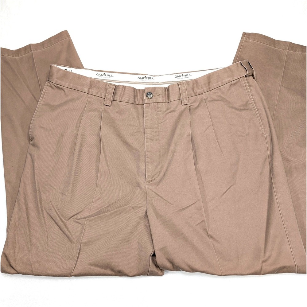 Oak Hill Mens Pleated Khaki Pants 46x34 Cotton Classic Fit Casual‎ Trousers